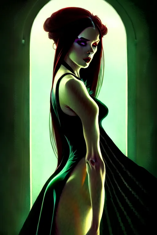 Image similar to portrait of a dark fantasy seductive female necromancer, stylish black dress, green eyes, long red hair, fantasy, elegant, intricate, full frontal shot, highly detailed, digital painting, artstation, concept art, sharp focus, illustration, art by artgerm and greg rutkowski and alphonse mucha