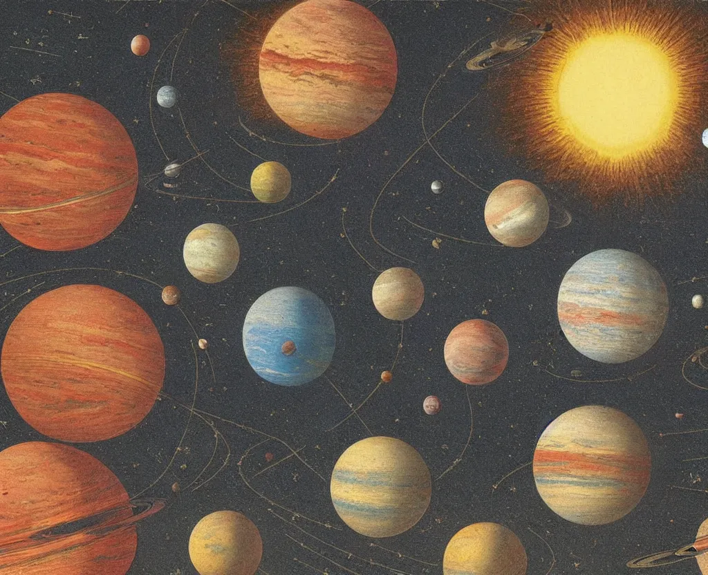 Image similar to color lithograph the solar system by adolphe millot, highly detailed