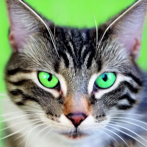 Prompt: weird cute tabby cat mix with green eyes