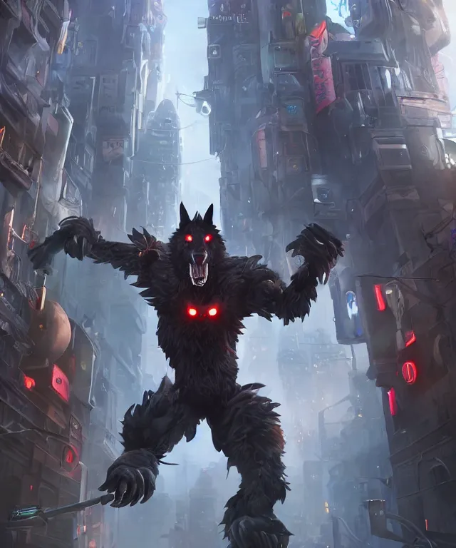 Prompt: a male anthropomorphic dark gray wolf, long red hair, blue eyes, in a futuristic city, hyper detailed, digital art, trending in artstation, cinematic lighting, studio quality, smooth render, unreal engine 5 rendered, octane rendered, art style by pixar dreamworks warner bros disney riot games and overwatch.