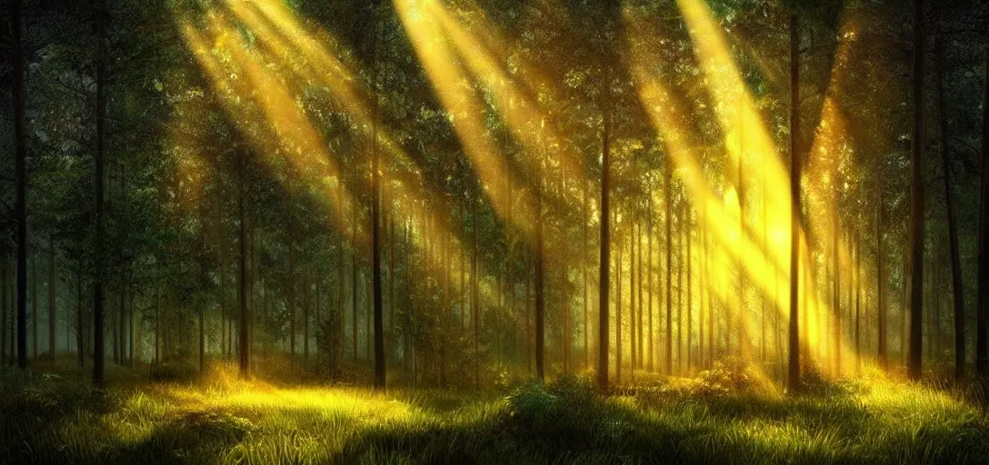 Prompt: beautiful forest at night, house with glowing windows, crepuscular rays, magical feeling, detailed, digital art