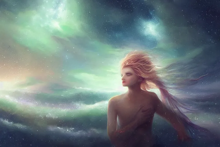 Image similar to the night sky is an upside down ocean, the stars are fish in the depths, the night sky is a sea, distant nebula are glowing algae, the ghostly cosmic star child looks down from the veil of the sky, her hair is the milky way, starscape of luminous pastels, fantasy painting by jessica rossier