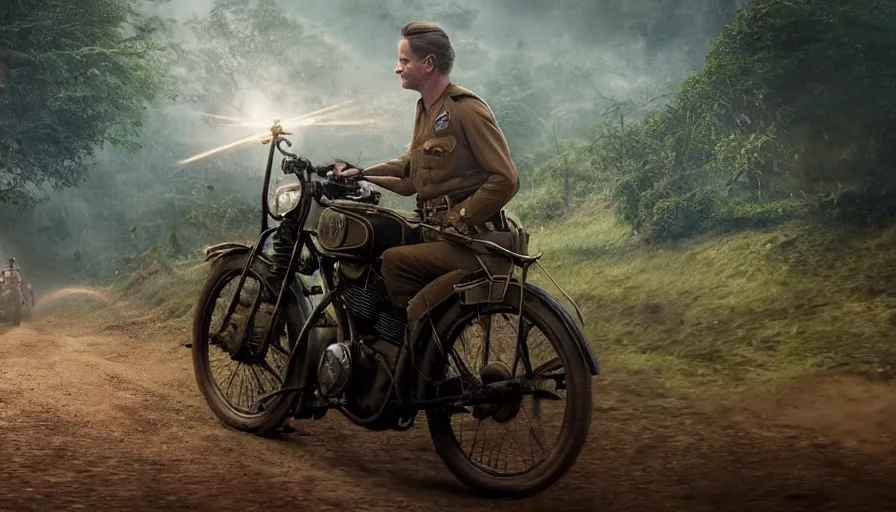 Prompt: british officer driving a motorcycle in 1921 in kerala forest road, tribe members attacking, action scene, an epic fantasy, dramatic lighting, cinematic, establishing shot, extremely high detail, photorealistic, cinematic lighting, artstation, by christopher nolan, horizon forbidden west