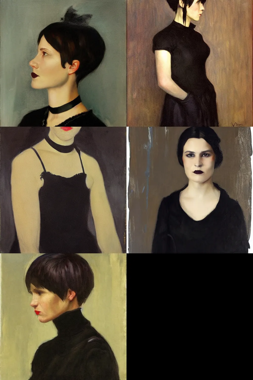 Prompt: goth painted by anna ancher. high - quality character portrait. short dark brown messy pixie haircut, large black eyes, slightly rounded face, pointed chin, small nose, black tank top, black leather jacket, black knee - length skirt, black choker.