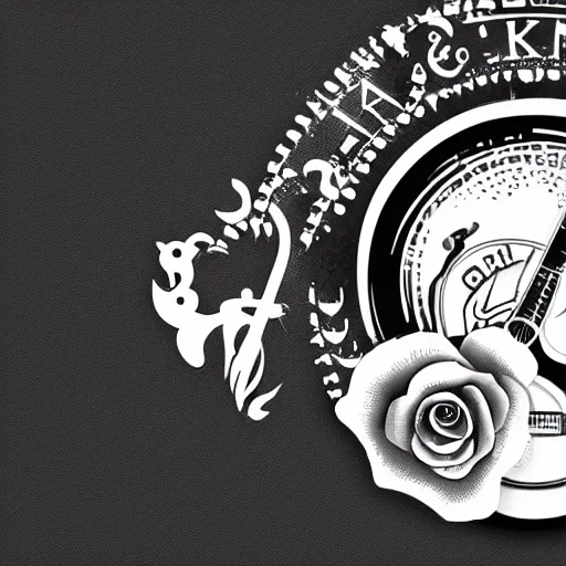 Prompt: Shark and guitar, roses and coins on the background logo, black and white