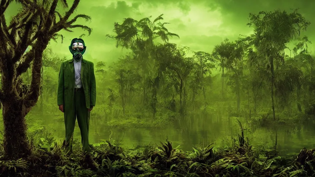 Prompt: snake oil saleman demigod with neon green mask in a swampy jungle landscape, visible sky and humid atmosphere, the salesman's dream by alejandro jodorowsky and denis villeneuve, kodakchrome, cinematic composition, practical effects, 8 k