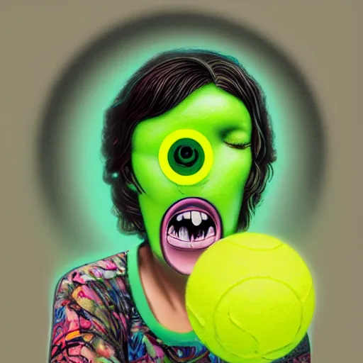 Image similar to Lofi vaporwave portrait tennis ball monster,chalk, Pixar style, Tristan Eaton, Stanley Artgerm, Tom Bagshaw