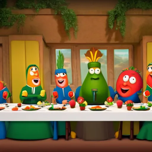 Image similar to veggietales characters last supper, 4k