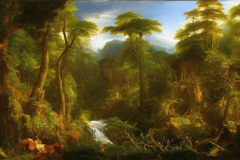 Image similar to top down view of lush pine forest, many witch houses, river flowing through the forest by thomas cole by justin gerard