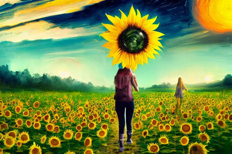 Image similar to giant sunflower as a head, girl walking in daisy field, hills, surreal photography, dark night, star trails, dramatic light, impressionist painting, clouds, digital painting, artstation, simon stalenhag