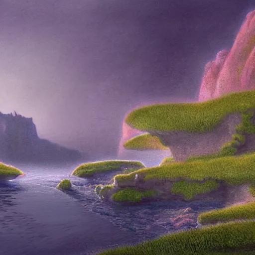 Image similar to artistic digital artwork of a lush natural scene on an alien planet. beautiful landscape by lurid ( 2 0 2 2 ), michael whelan, remedios varo, gerardo dottori. weird vegetation. cliffs and water. grainy and rough. interesting pastel colour palette. beautiful light. oil and water colour based on high quality render.