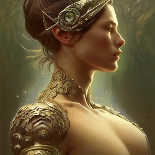 Image similar to portrait of forest gog, female, clear face, masculine, upper body, muscular, fantasy, intricate, elegant, highly detailed, digital painting, artstation, concept art, matte, sharp focus, illustration, art by artgerm and greg rutkowski and alphonse mucha