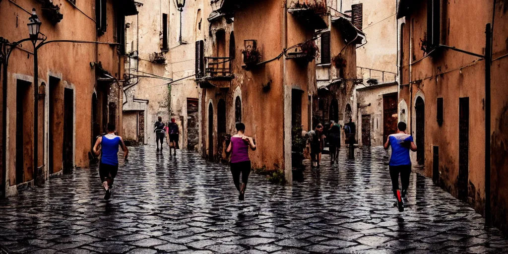 Prompt: prople running under heavy rain in an old italian village, phitorealistic, soft light, cinematic