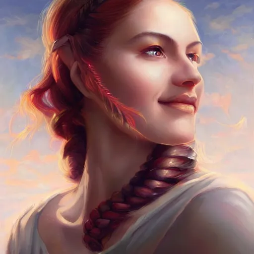 Prompt: a beautiful painting of a smiling woman with auburn side braid and pretty hazel eyes representative of the art style of artgerm and wlop and peter mohrbacher, portrait