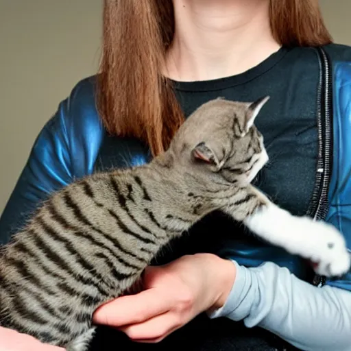 Prompt: a cyborg woman pets a kitten