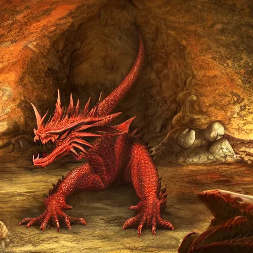 Image similar to photo of an ancient red dragon sitting menacingly in a cave, dungeons and dragons, detailed, 4 k