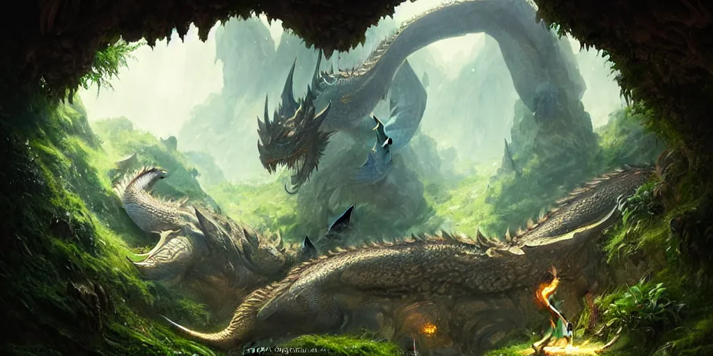 Prompt: Giant fantasy dragon resting in a cave, natural light, lush plants and flowers, elegant, intricate, fantasy, atmospheric lighting, by Greg Rutkowski