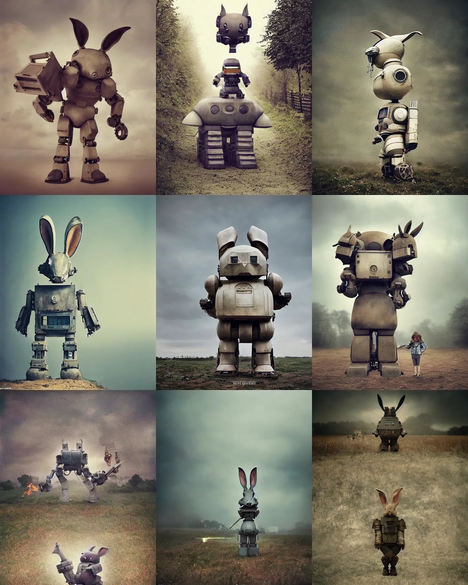 Prompt: epic battle pose !!!giant oversized battle rabbit robot chubby mech baby with big ears , on a village, full body , Cinematic focus, Polaroid photo, vintage , neutral dull colors, soft lights, foggy , by oleg oprisco , by victor enrich , by gregory crewdson