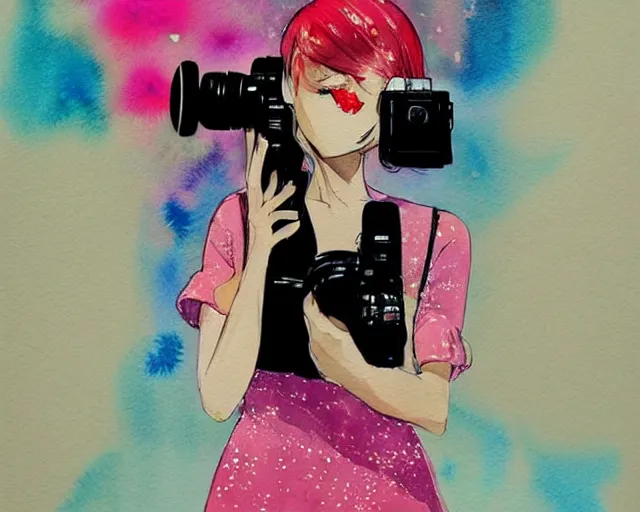 Image similar to pale young woman with bright blonde hair, freckles, bright eyes and a wide face, flowery dress, she is holding a professional dslr camera close to her face with one hand, dramatic lighting, bright flare, expressive, minimal watercolor art by conrad roset