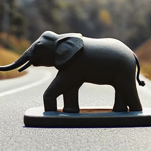 Prompt: elephant in shape of a car figurine on the road