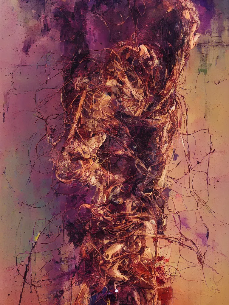 Image similar to a beautiful glitched painting by robert proch of an anatomy study of the human nervous system, color bleeding, pixel sorting, copper oxide and rust materials, brushstrokes by jeremy mann, cold top lighting, pastel purple background