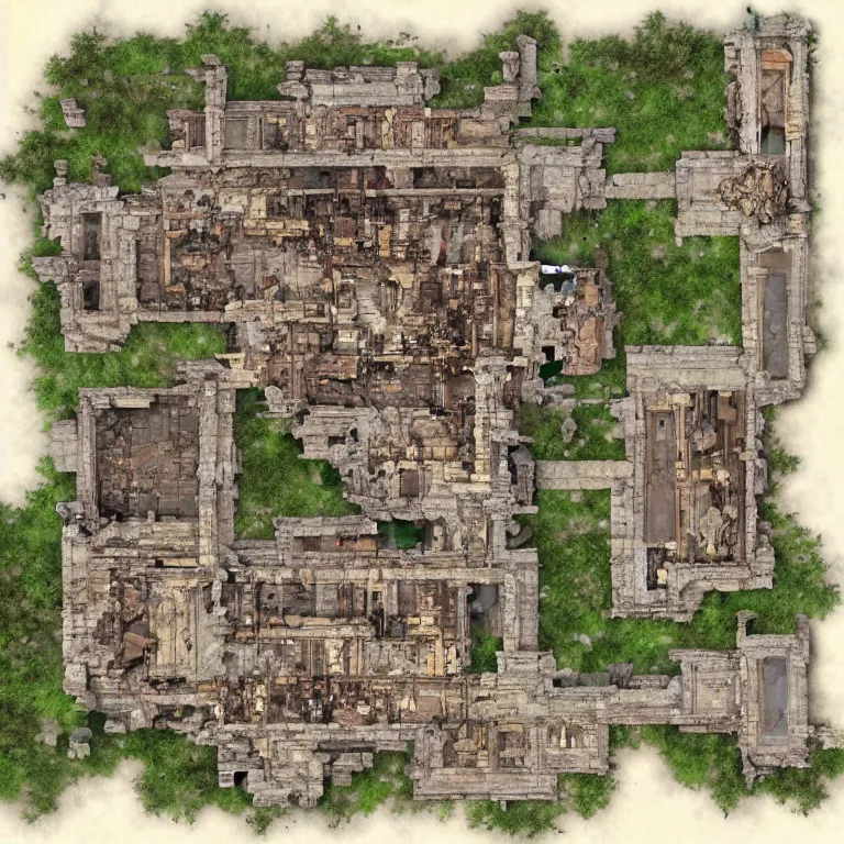 Image similar to full - color fantasy floor plan map of a ruined temple, by greg rutkowski and james gurney, trending on artstation