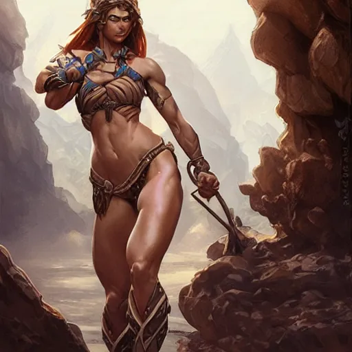 Image similar to muscular female warrior, deep focus, d & d, fantasy, intricate, elegant bikini, highly detailed, digital painting, artstation, concept art, matte, sharp focus, illustration, hearthstone, art by artgerm and greg rutkowski and alphonse mucha