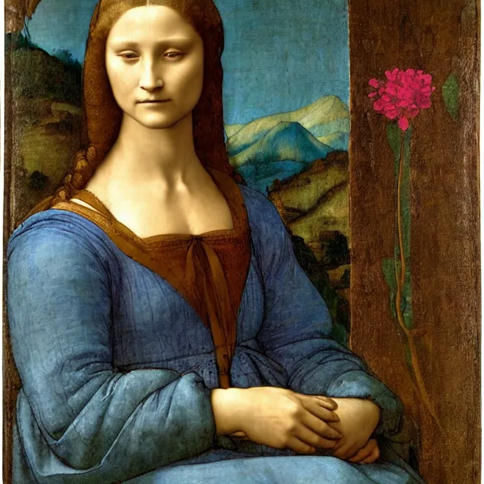 Image similar to a portrait of a woman painted by leonardo da vinci. the woman in the painting is shown seated with her hands folded in her lap. she is wearing a simple dress with a pattern of flowers. her hair is pulled back from her face and she has a small, faint smile. the background of the painting is a landscape of rolling hills and mountains.