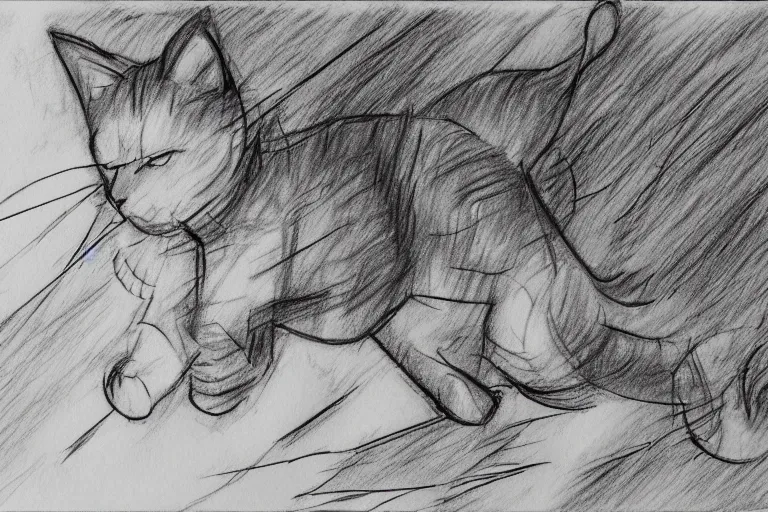 Prompt: a storyboard pencil sketch of a cat running through a forest, rough sketch with erased lines, trending on artstation, detailed, anime