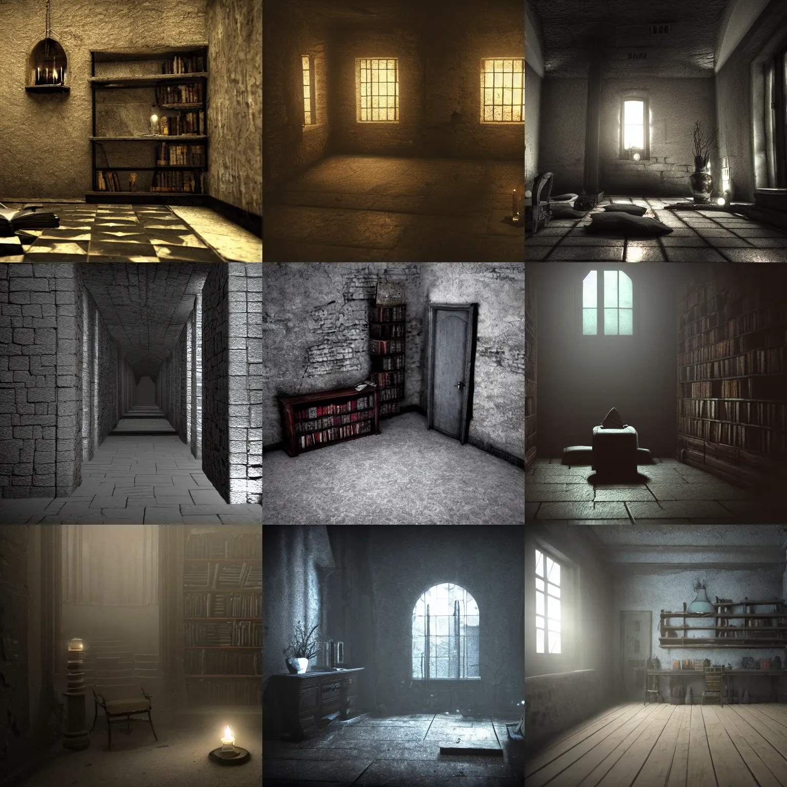 Prompt: shadow filled room with gloomy, oppressive atmosphere, the midnight so dark that it seems to suck out the life itself, no light penetrates to room, only small candle struggles in vain to illuminate the crushing darkness, the dark stone walls cold and forebonding, shelves filled with tomes, Unreal Engine, Octane Render