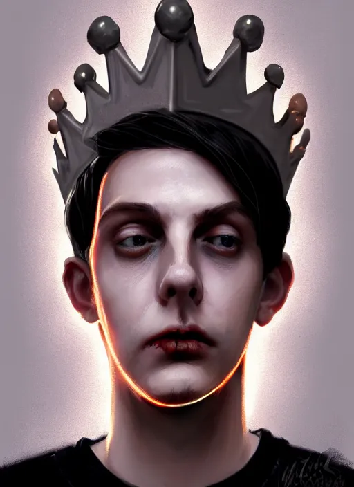 Image similar to portrait of zombie teenage jughead jones wearing a light grey crown, photorealistic, zombie, crown, eyes closed, crown, black hair, intricate, elegant, orange, glowing lights, highly detailed, digital painting, artstation, concept art, sharp focus, illustration, art by wlop, mars ravelo and greg rutkowski