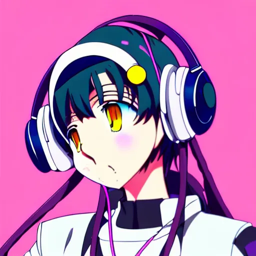 Image similar to An anime character's head wearing retro headphones. 90s anime, Sailor Moon, Neon Genesis, official art, flat cell shading, fantastic screenshot art, trending on artstation, muted nostalgic colors