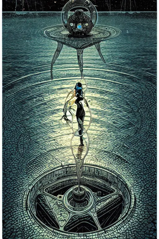 Image similar to dreamy portal in the center of the lake, abstract black oil, gear mecha, beautiful woman body, detailed acrylic, grunge, intricate complexity, by dan mumford and by alberto giacometti, m. c. escher