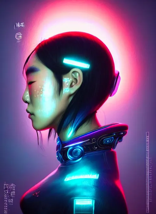 Image similar to sensual asian female humanoid with freckles, by loish, d & d, fantasy, cyber neon lighting, futurism, intricate futuristic jewelry accessories, cyberpunk glossy latex suit, profile posing, hyper photorealistic, digital photography, artstation, pinterest, concept art, art by pascal blanche and greg rutkowski,