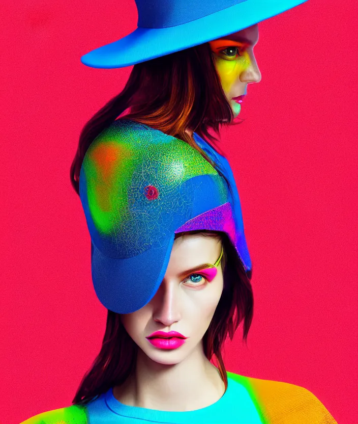 Prompt: portrait of a post modern fashion model with an exuberant neo tech hat, colorful, beautiful face, octane render, vray, detailed, wide angle, halftoned, editorial illustration, matte print, grainy light, ( ( dither ) ), risograph, high contrast, screen print, grainy texture