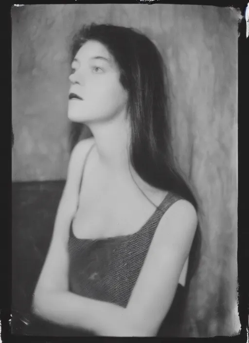 Image similar to black and white film photography, portrait of young marie laforet in darkness, 35mm, film photo