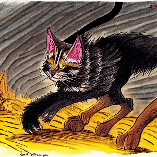 Prompt: warrior cat entering valhalla as drawn by dr seuss