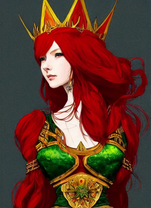 Image similar to Full body portrait of a beautiful red haired elven queen wearing red, green and gold ceremonial queen dress and elaborate golden crown. In style of Yoji Shinkawa and Hyung-tae Kim, trending on ArtStation, dark fantasy, great composition, concept art, highly detailed.