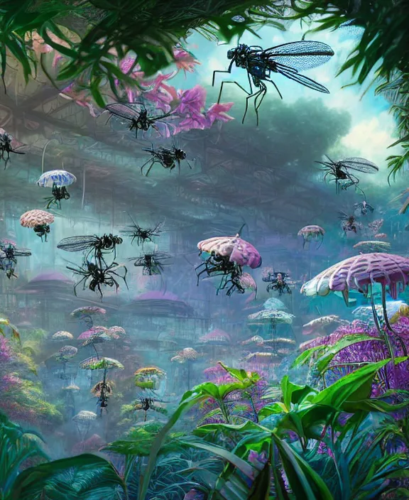 Image similar to an amusement park made out of seamless alien isopod dragonflies, in the style of an aerodynamic robot, overgrown with puffy orchids, partly cloudy, somber, dramatic lighting, by dan mumford, yusuke murata, makoto shinkai, ross tran, cinematic, unreal engine, cel shaded, featured on artstation, pixiv