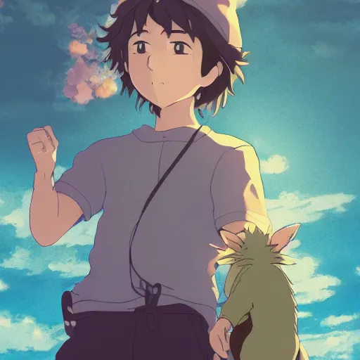 Image similar to friendly guy and small creature , with Fragile looking character portrait face made in Studio Ghibli artstyle ,highly detailed art, beautiful scene, sharp focus, smooth, 8k, anime art