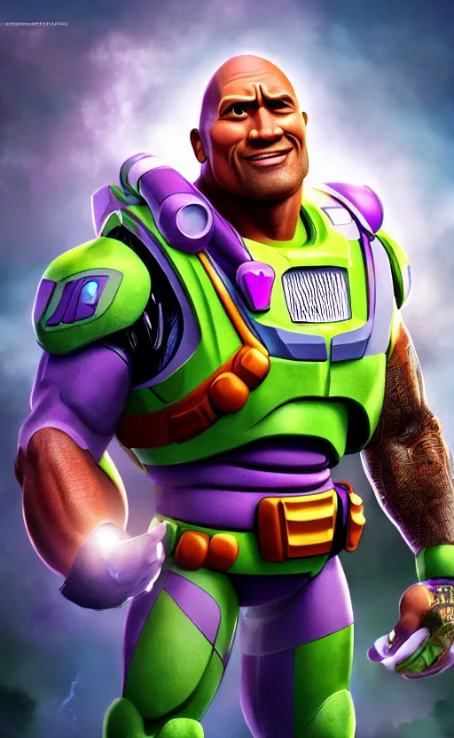 Image similar to dwayne johnson as buzz lightyear, dynamic lighting, photorealistic fantasy concept art, trending on art station, stunning visuals, creative, cinematic, ultra detailed