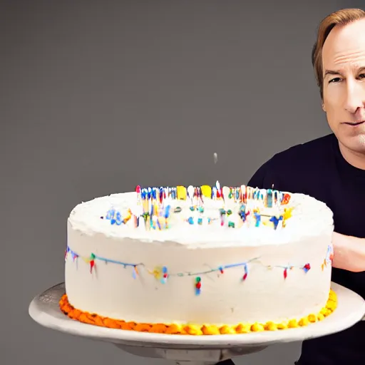 Image similar to bob odenkirk, holding a birthday cake, studio photograph, cinematic lighting
