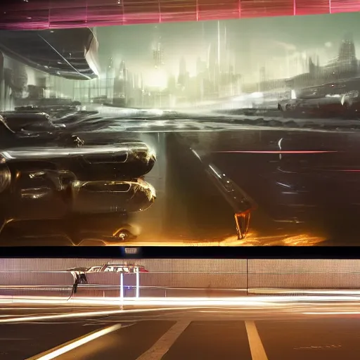 Image similar to sci-fi wall structure logotype and car on the coronation of napoleon and digital billboard in the middle in dark atmosphere by Ruan Jia Sheng Lam