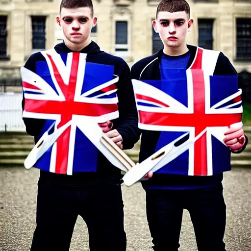 Image similar to mid-shot portrait photograph of two male British chav youths holding knives and smoking in front of the Union Jack, high quality