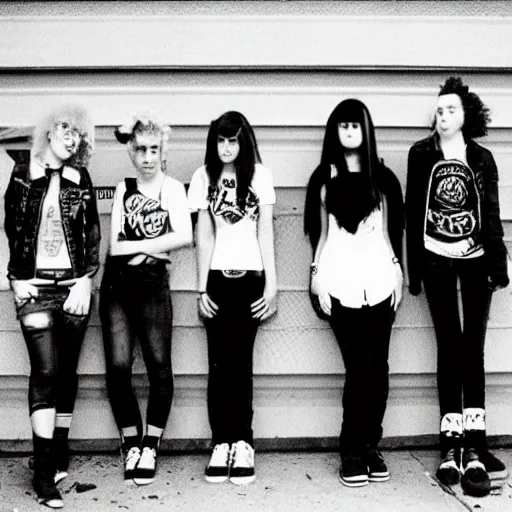 Prompt: Group of 19-year-old women holding electric guitars, shaggy hair, punk rock, riot grrl, hardcore punk, post-hardcore, alternative rock, band promo photo, 1994 photograph