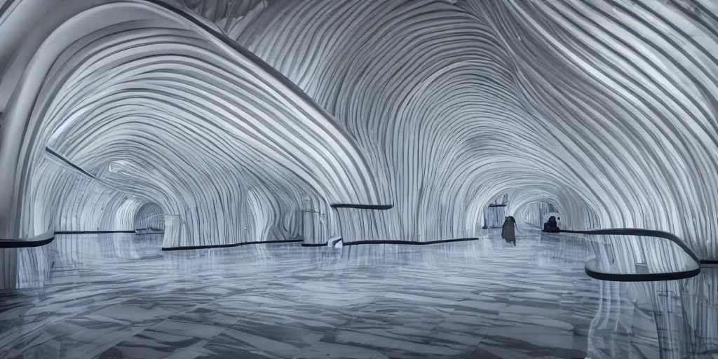 Image similar to extremely detailed stunning beautiful futuristic smooth curvilinear museum interior, gills, hyper real, 8k, 3D cinematic volumetric light, atmospheric light