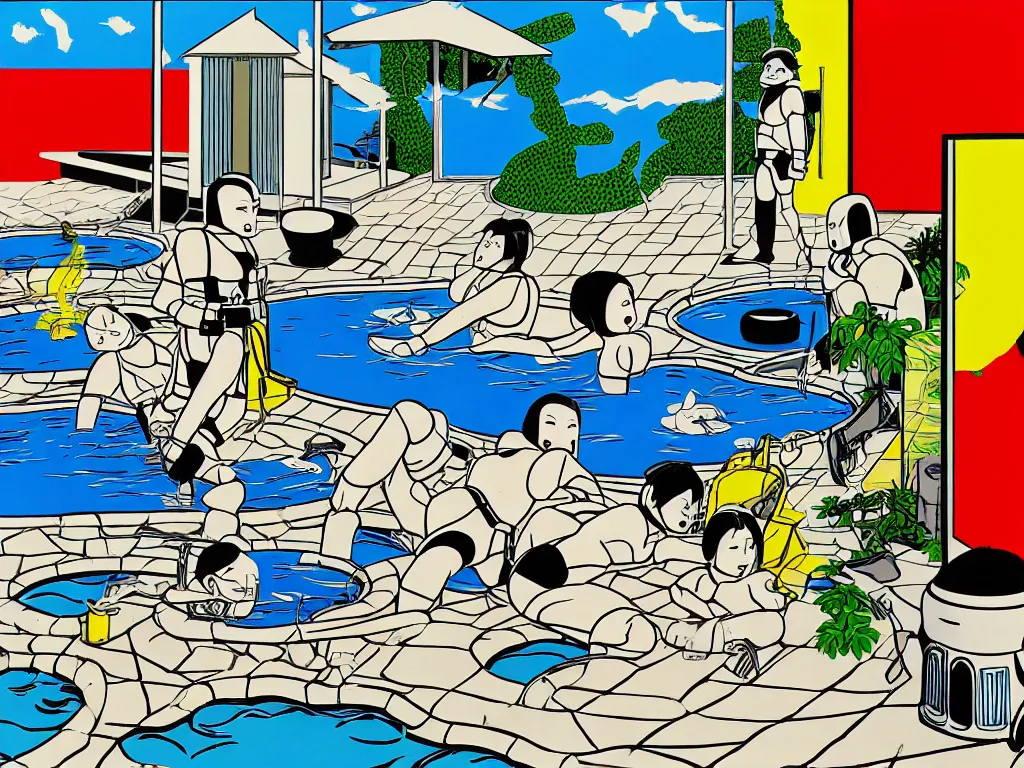 Image similar to hyperrealism composition of the japanese house with a hot springs in the garden, two detailed stormtroopers bathe in a hot spring, pop - art style, jacky tsai style, andy warhol style, roy lichtenstein style, acrylic on canvas