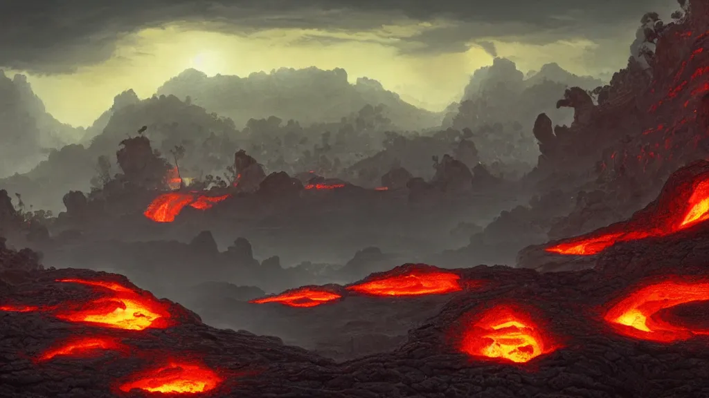 Image similar to colony of ants, beautiful lava landscape, dramatic lighting, cinematic, extremly high detail, photorealistic, cinematic lighting, post processed, concept art, artstation, matte painting, style by greg rutkowsky, by beautiful walt disney animation films of the late 1 9 9 0 s and thomas cole in hd, perfect readability