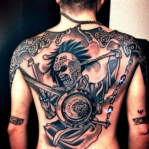 Prompt: Full body tattoo, samurai, chains, ink, undead