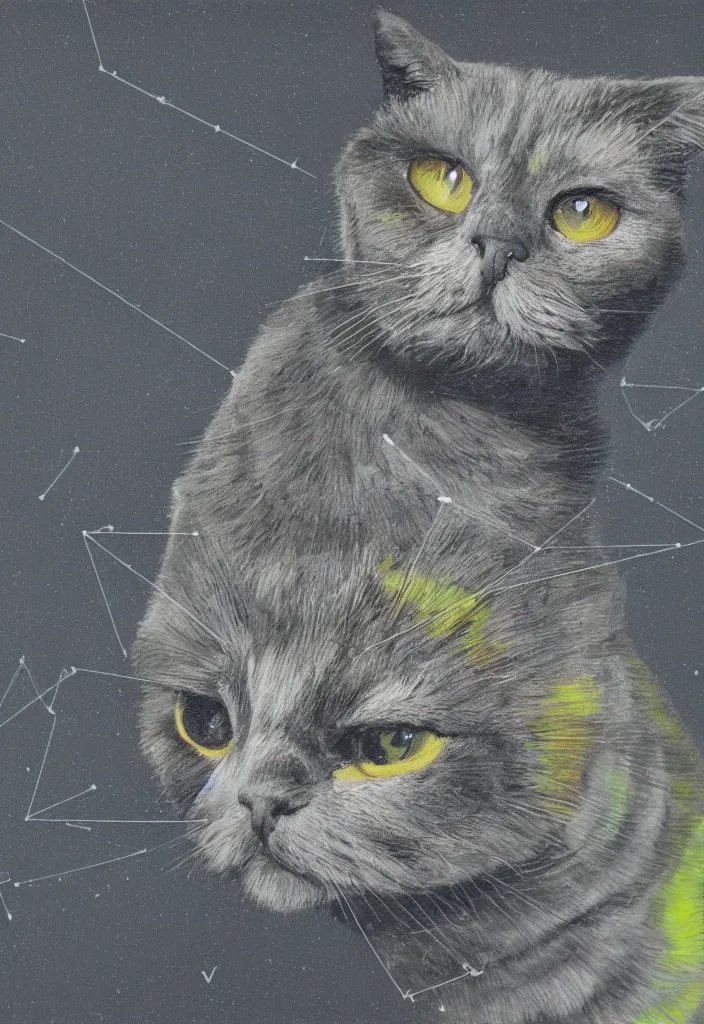 Prompt: wideshot cfa champion dark tortie scottish fold cat, framed in a window, watching a bird, abstract data visualization overlay perfect geometry bezier mathematical diagrams revealing sparrows flight trajectory calculation, detailed annotated painting, dark grisaille fluorescent color airbrush spraypaint accents, by jules julien, wes anderson, hannah af klint, risograph 4 k